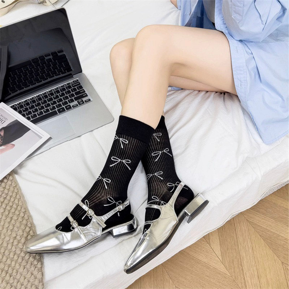 Women's summer thin mid-tube white bow ins pile socks