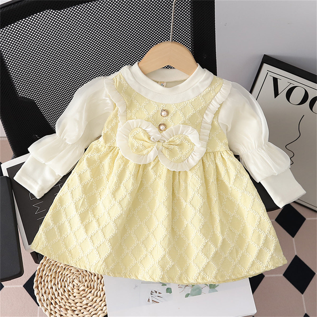 Spring and Autumn Girls Chanel Style Puff Sleeve Bow Round Neck Strap Fake Two-piece Dress