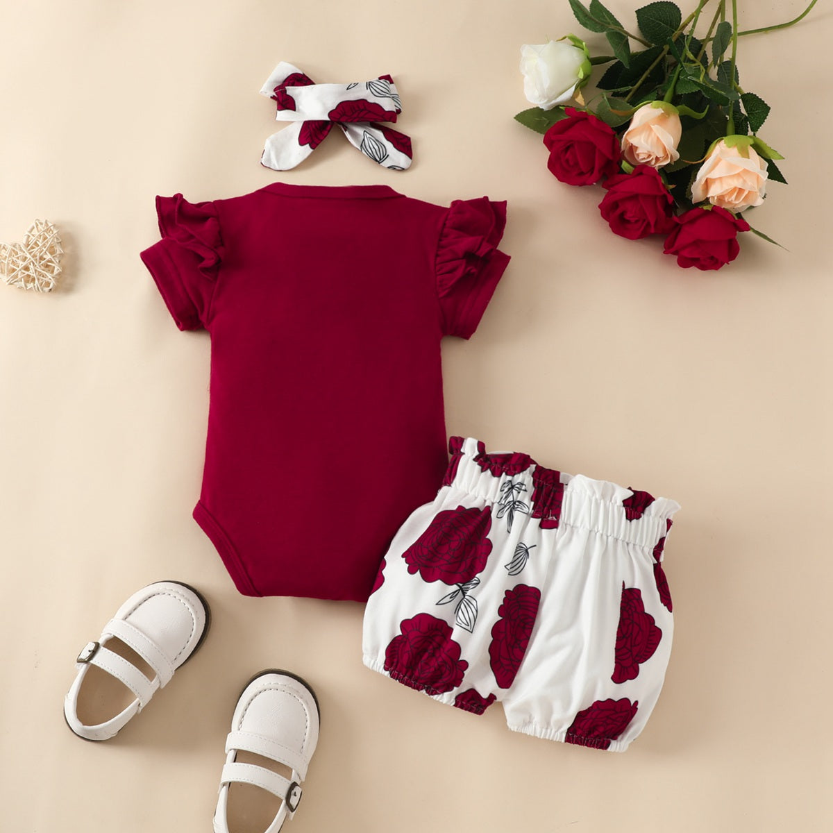 3-piece Baby Girl Letter Printed Short Sleeve Romper & Allover Floral Pattern Shorts & Headwrap