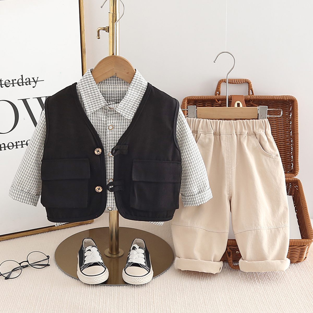 FLCT plaid shirt vest three-piece set