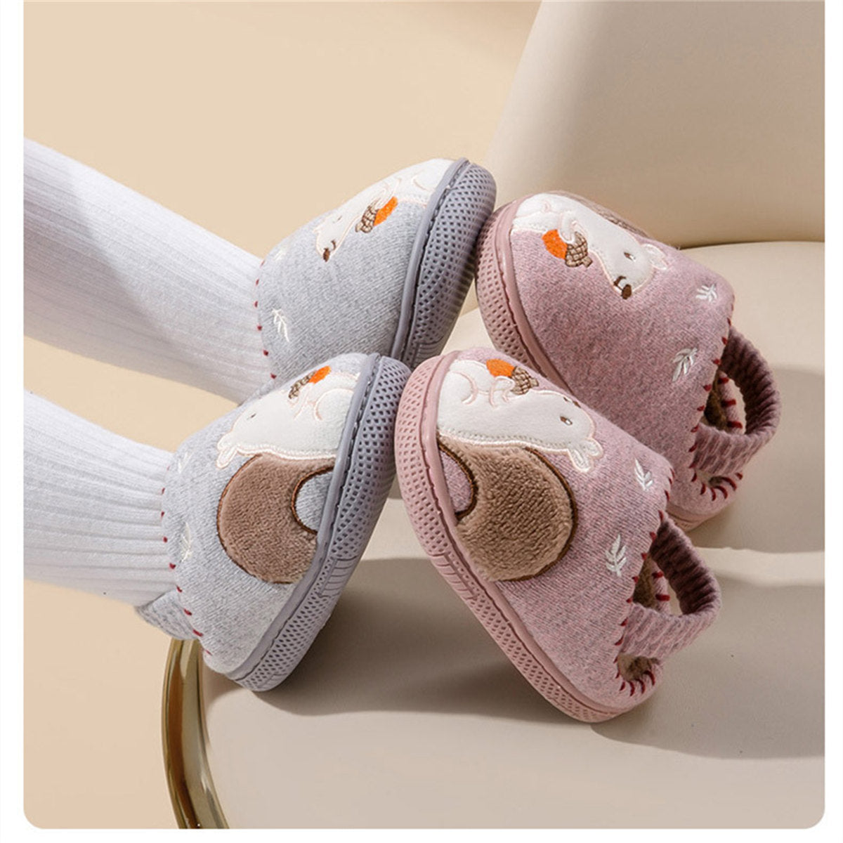 Children's and boys' autumn and winter cute squirrel print warm elastic ankle-capped cotton slippers