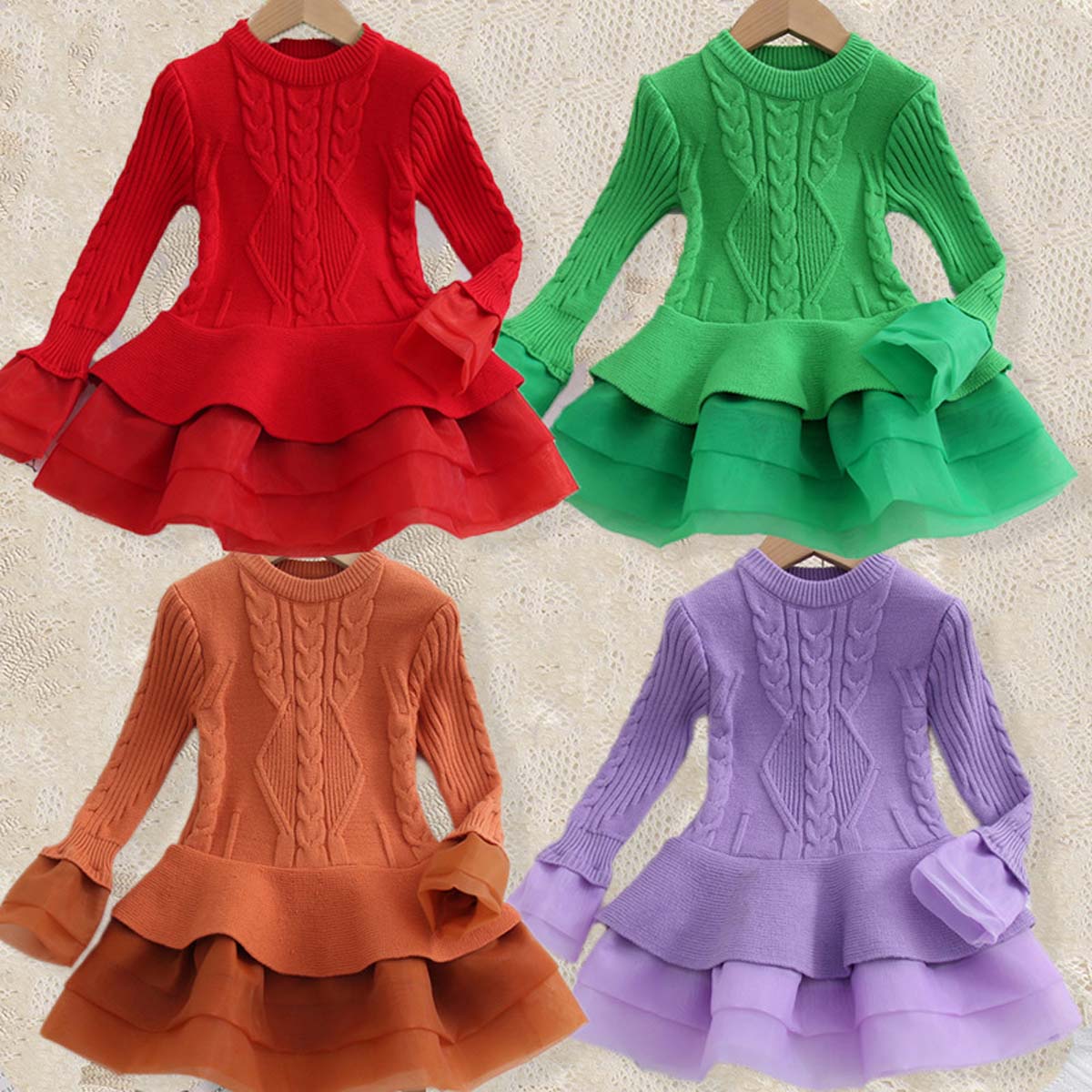 Multicolor Autumn Children's Clothing Knitted Long Sleeve Girls Princess Organza Sweater Dress