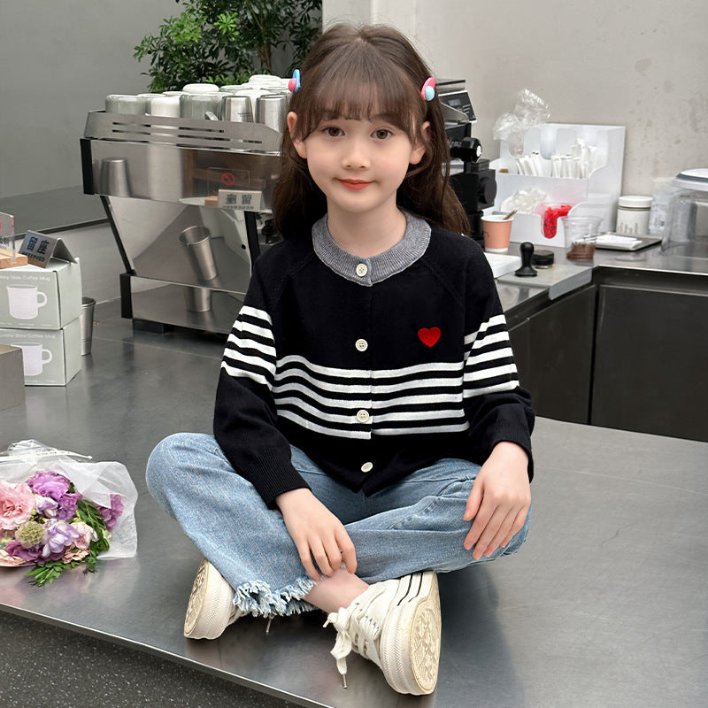 Sweet cotton outerwear sweater striped children's knitted top