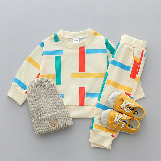 Infant and toddler spring and autumn style four-color stripe full-print long-sleeved trousers suit