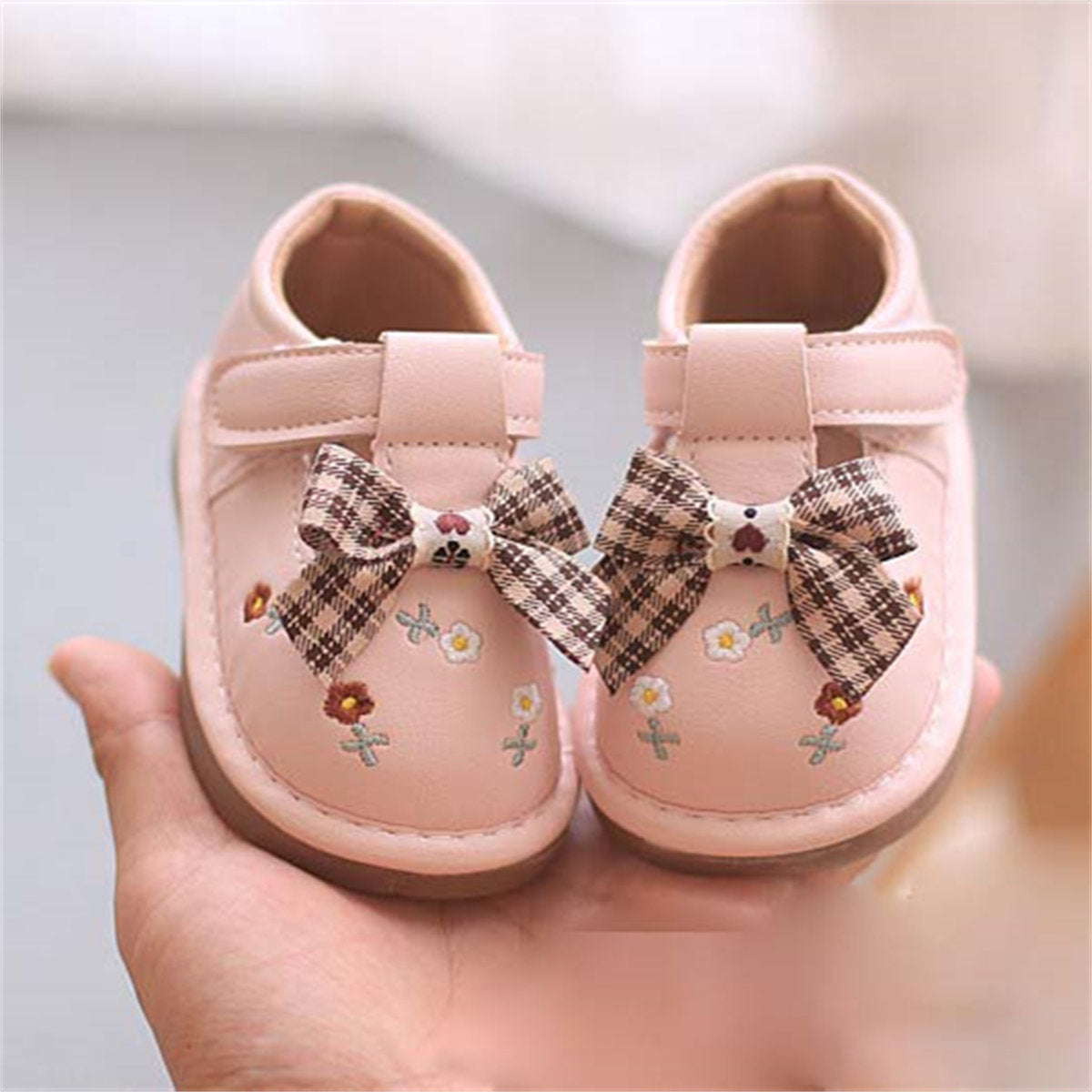 Baby Girls Cute Embroidered Bowknot Soft Sole Velcro Leather Shoes