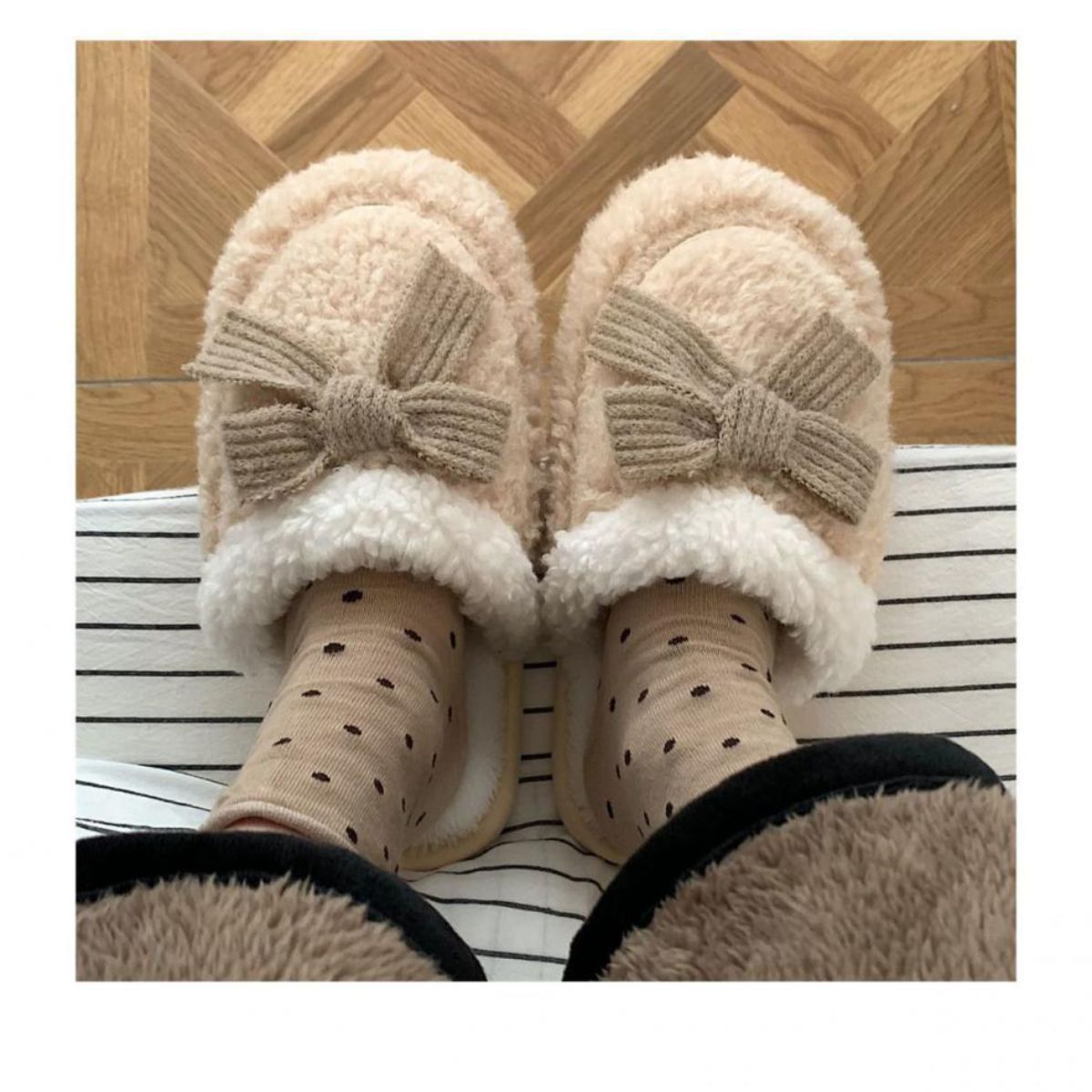 Bowknot warm non-slip plush cotton slippers