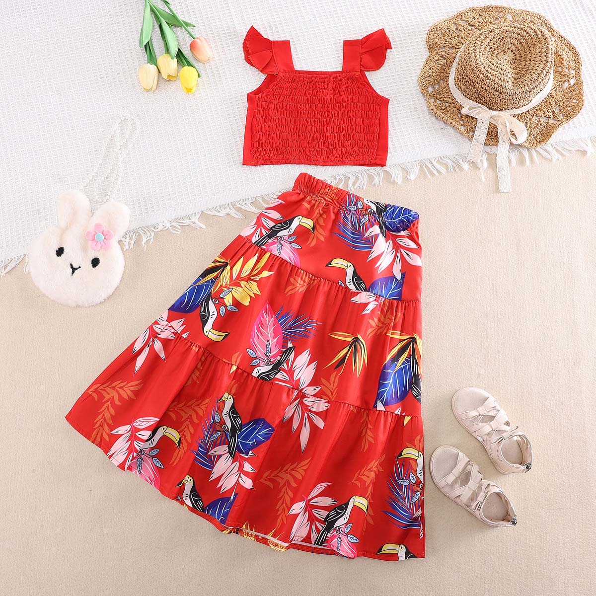 Summer Girls Ruffle Short Vest Swing Skirt Set Printed Holiday Style Set