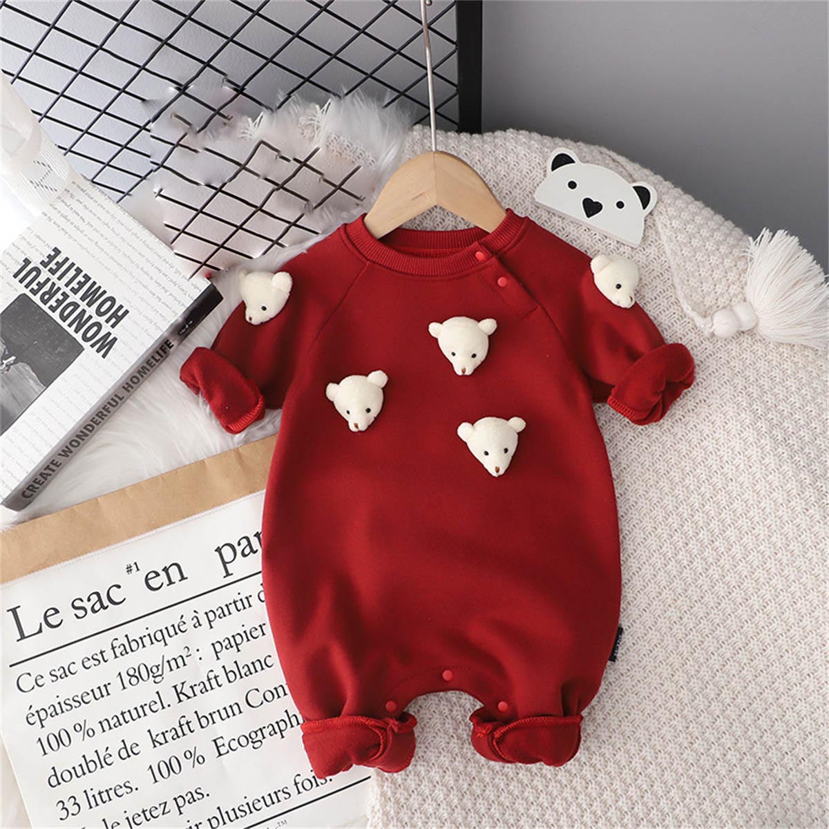 Baby autumn and winter three-dimensional bear plush thick warm jumpsuit