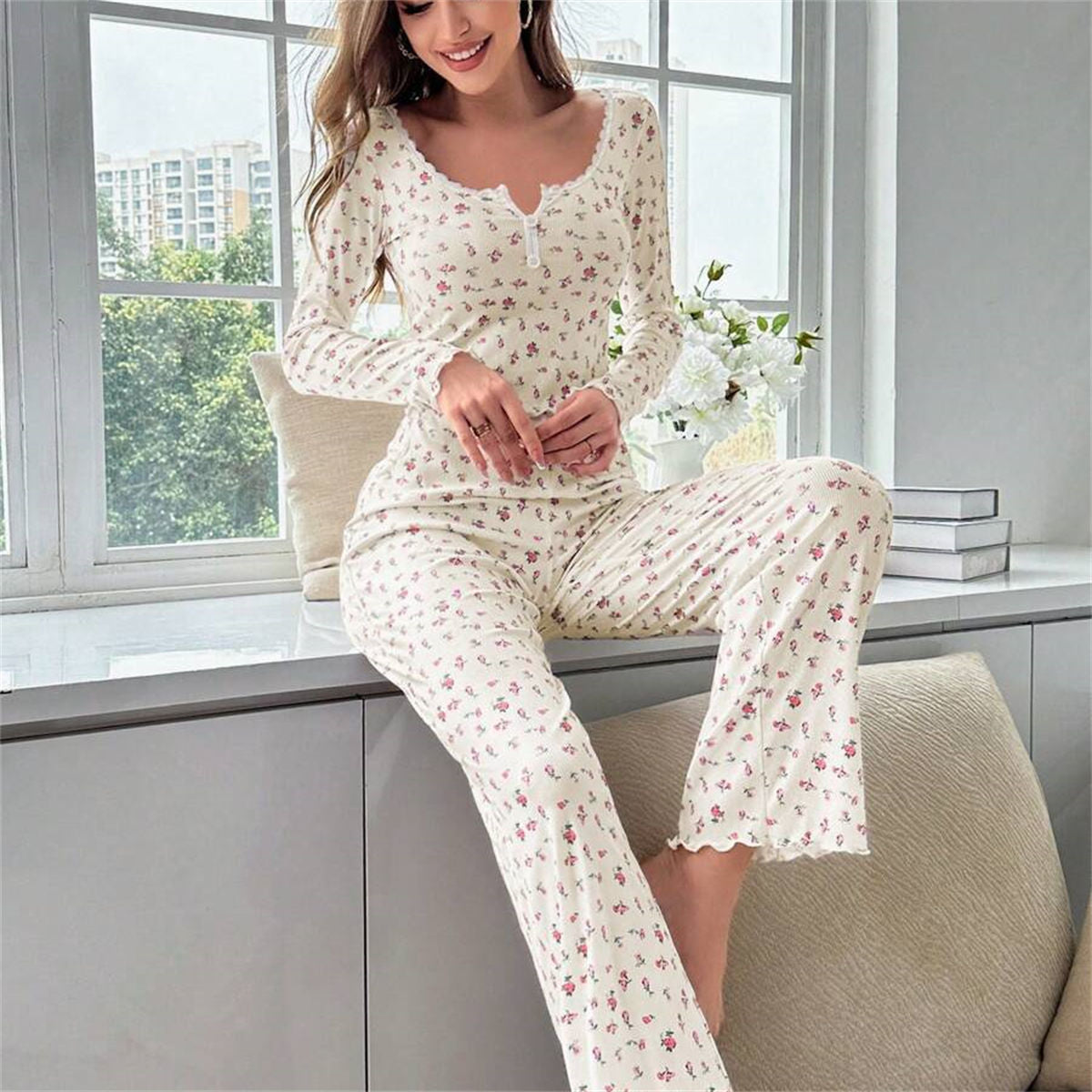 Home wear long sleeve long pants pajamas two piece set