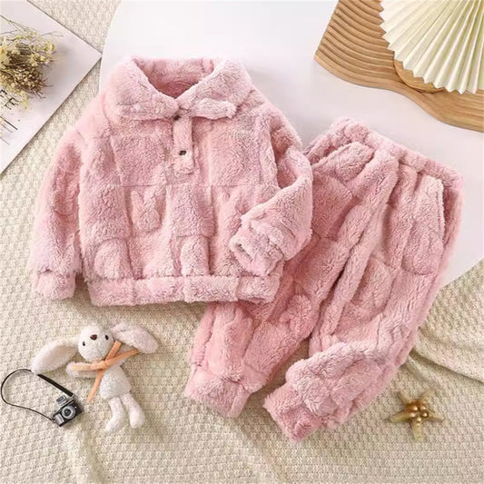 Children's home clothes pajamas set autumn and winter thickened comfortable cotton velvet medium and large children warm solid color