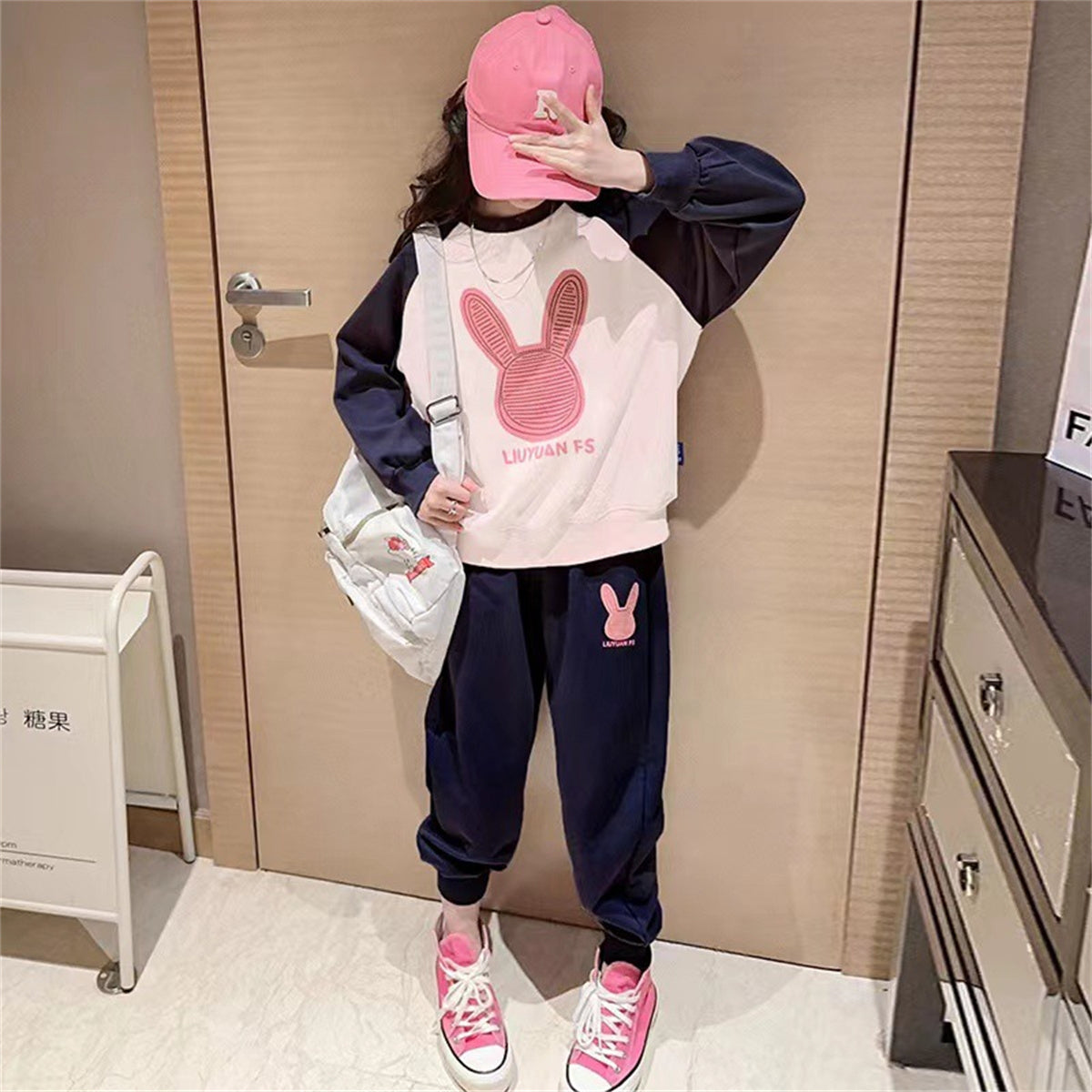 Girls Cartoon Rabbit Pattern Sweater Fashion Suit Sports Two-piece Suit