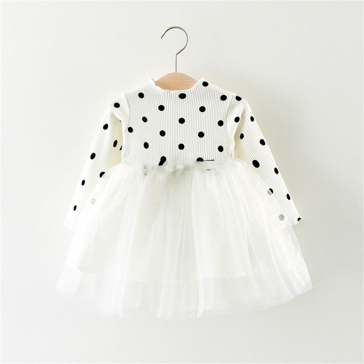 Girls Polka Dot Splicing Tulle Princess Dress Long Sleeve Dress