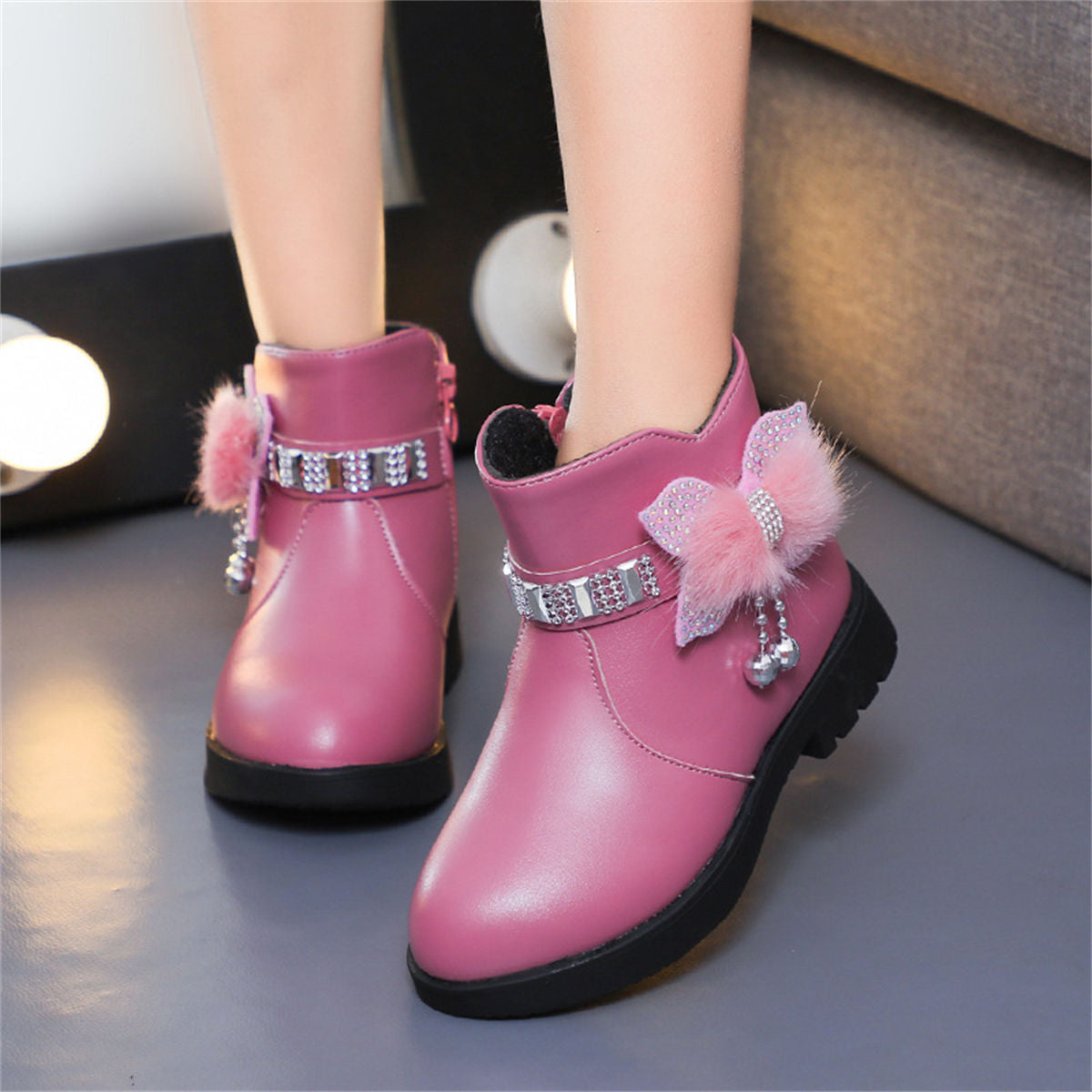 Cute furry and diamond warm waterproof Martin boots for girls in winter