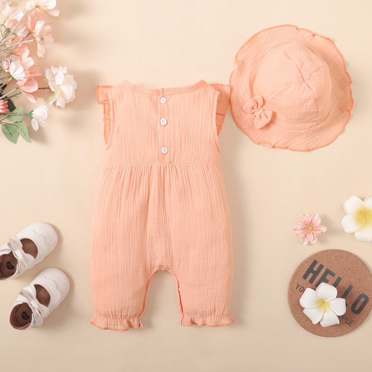 2-piece Baby Girl Pure Cotton Solid Color Bowknot Decor Sleeveless Boxer Romper & Matching Hat