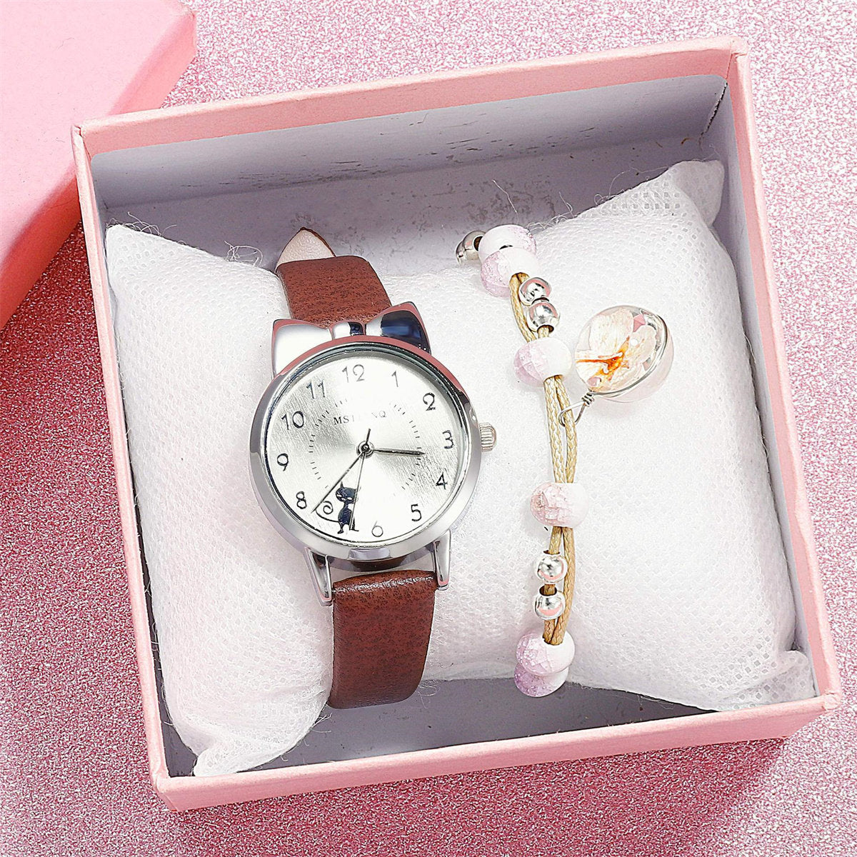 Children Girls 2-piece Set Cute Lady Style Cartoon Cat Moon Bracelet Watch