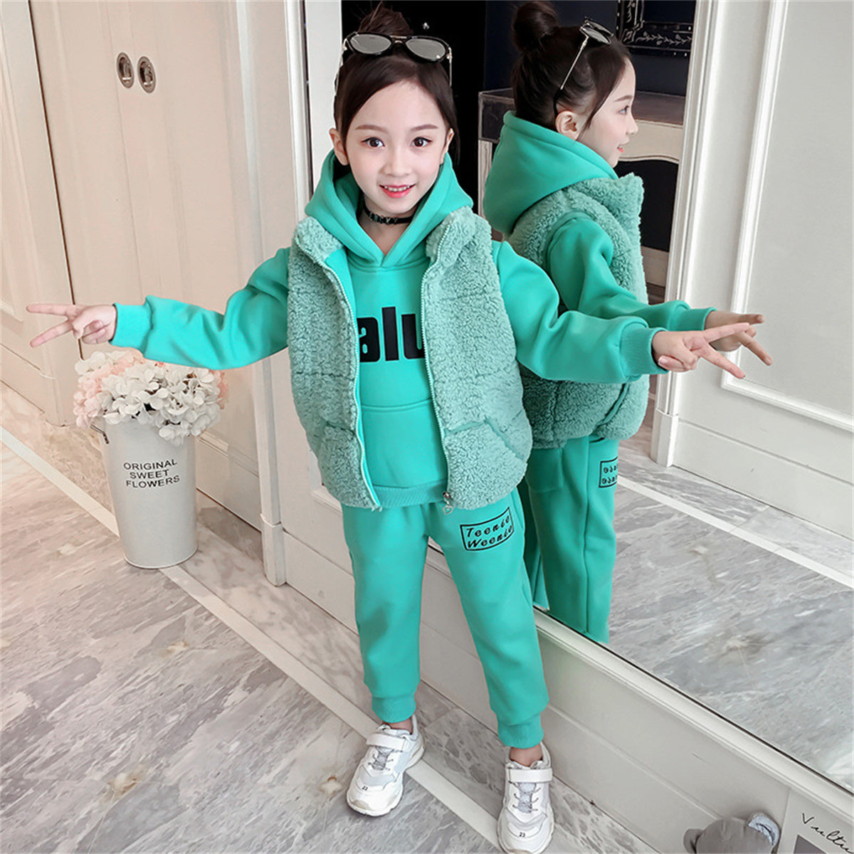 3-piece set for middle and large children and girls, solid color, letter style, casual urban style, fur vest, multi-piece set