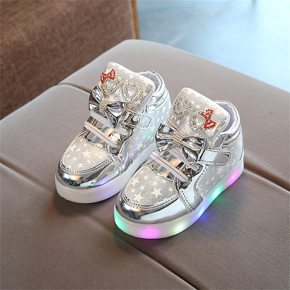 Cute and elegant bow-knot glittering LED high-top sneakers for little girls