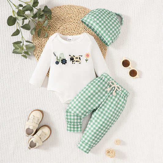 Baby Boy Cartoon Embroidery Long Sleeve Romper Plaid Pants + Hat Three-piece Set