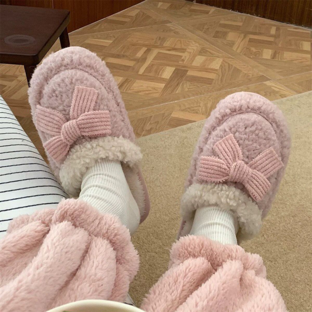 Bowknot warm non-slip plush cotton slippers