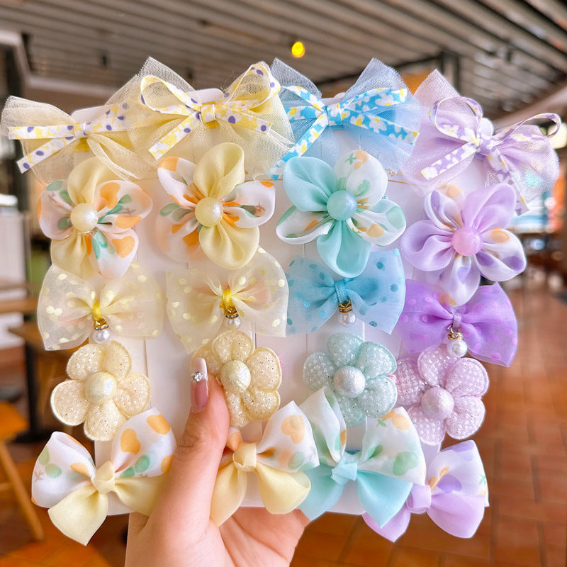 Children's 10-piece set of bow mesh flower wrapping cloth does not damage the hair duckbill hairpin