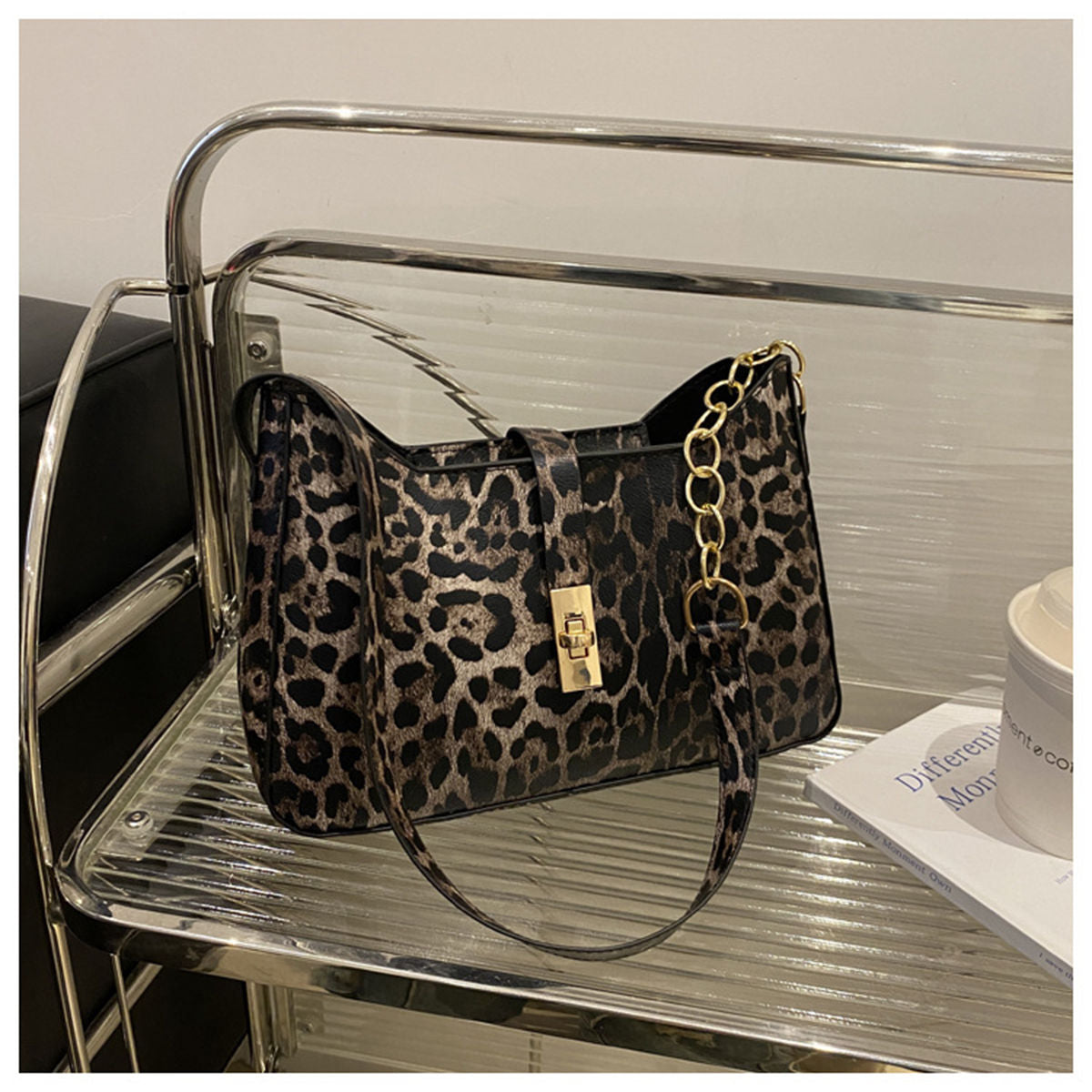 Women&#39;s high-end trendy all-match leopard print shoulder bag