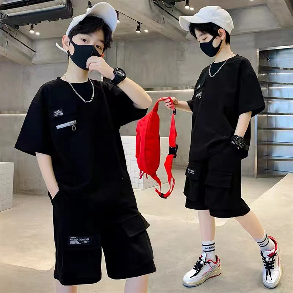 Boys summer suits 2023 new medium and large children's clothing summer boys sports short-sleeved net red fashionable handsome trend