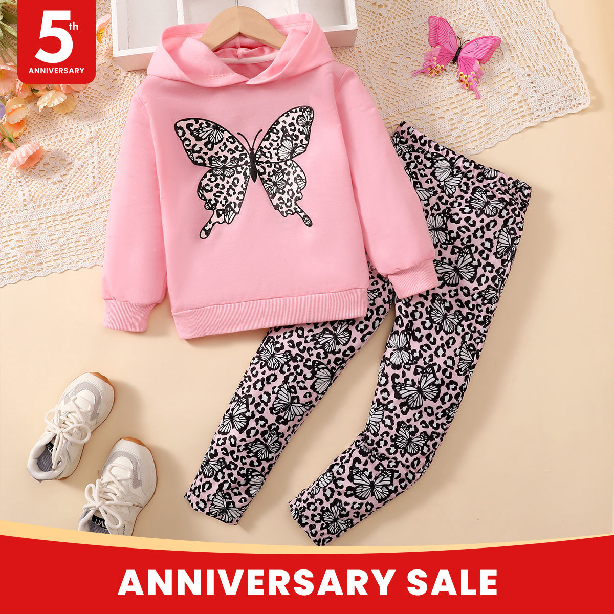 Girls butterfly print long sleeve hooded sweatshirt and leopard print leggings set