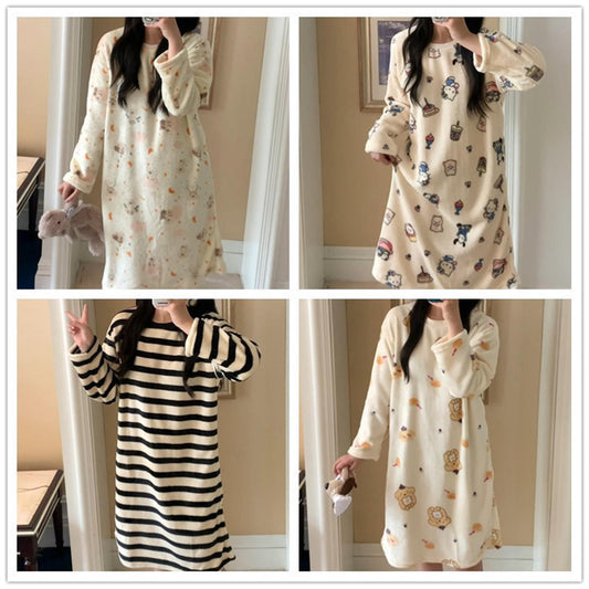 Striped flannel nightdress women's autumn and winter long sleeve home dress