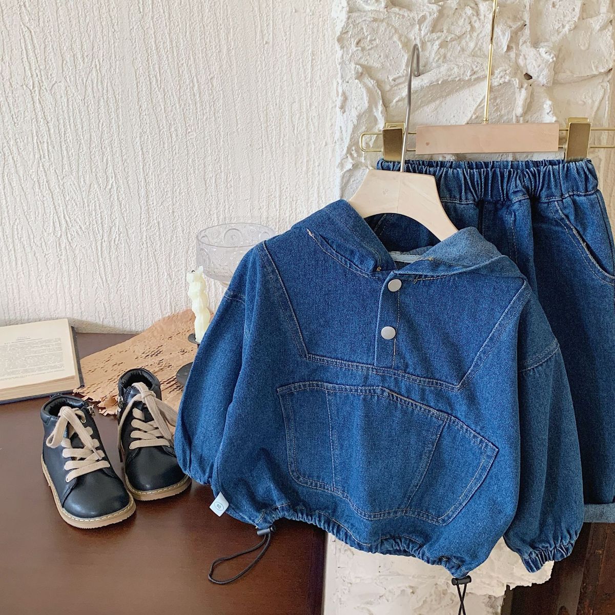 Autumn boys and girls hoodie solid color jeans two-piece set