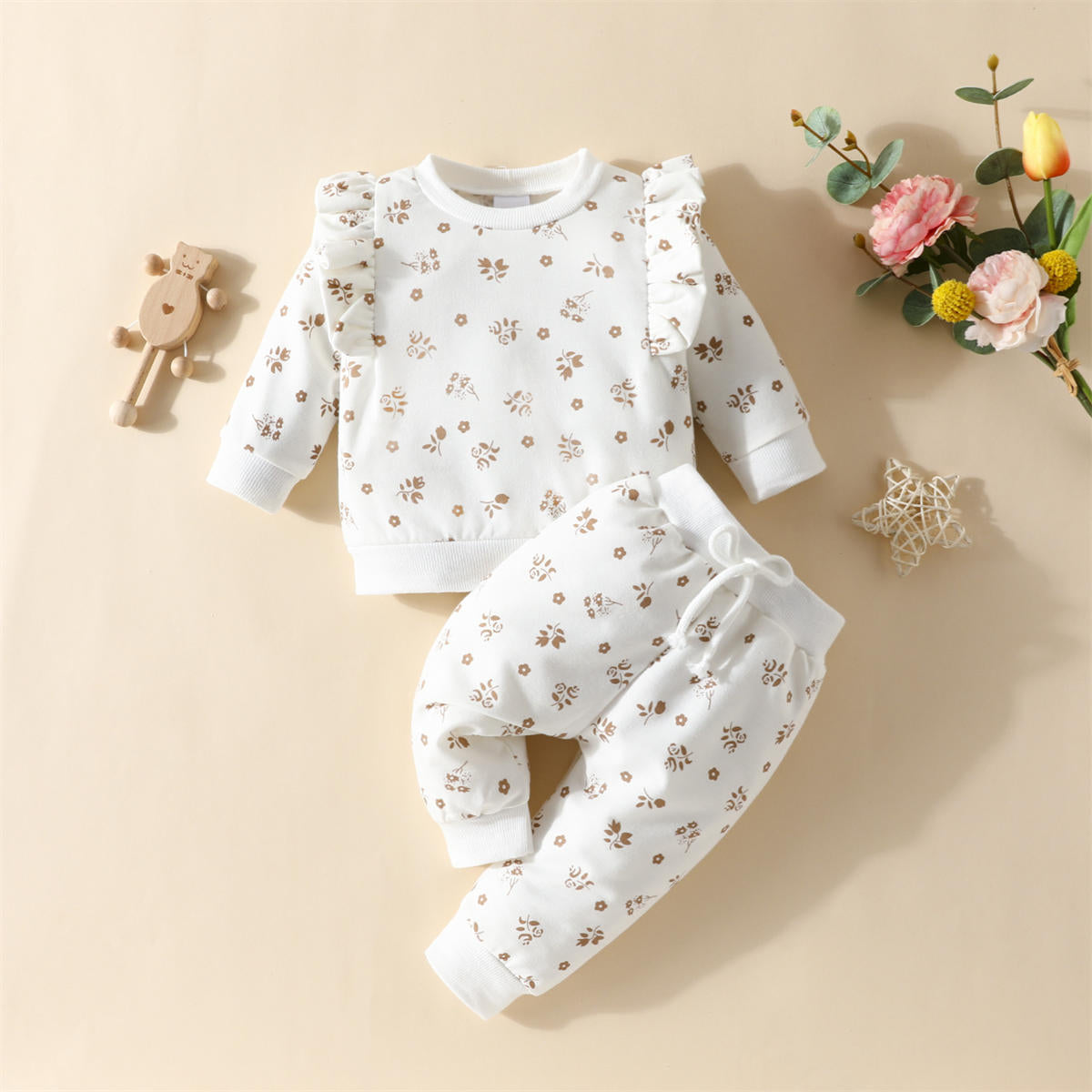 Infant Clothing Flower Long Sleeve Ruffle Top Pants Girls Set