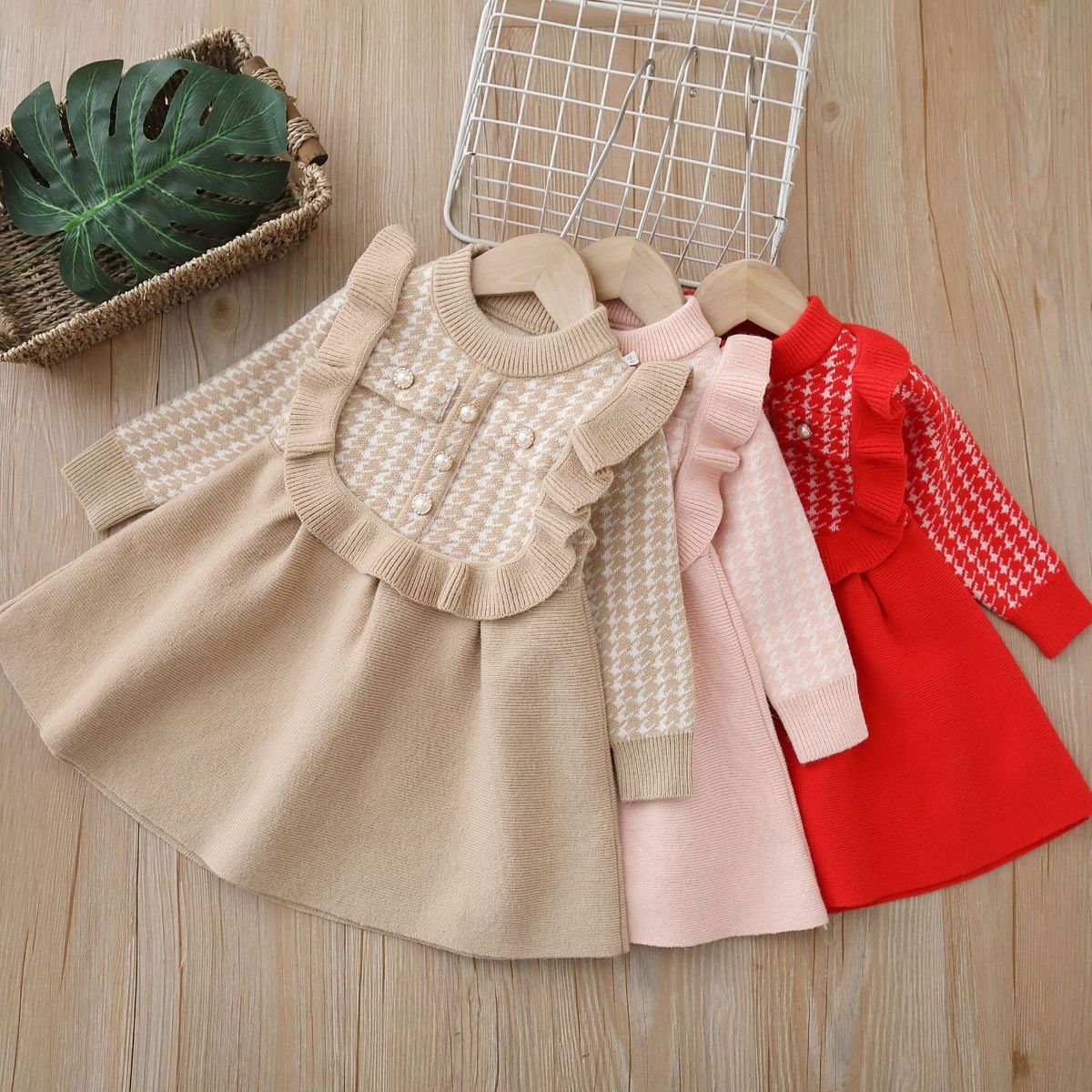 Girls sweater dress autumn and winter new style small fragrance style lace knitted dress baby girl small children's skirt