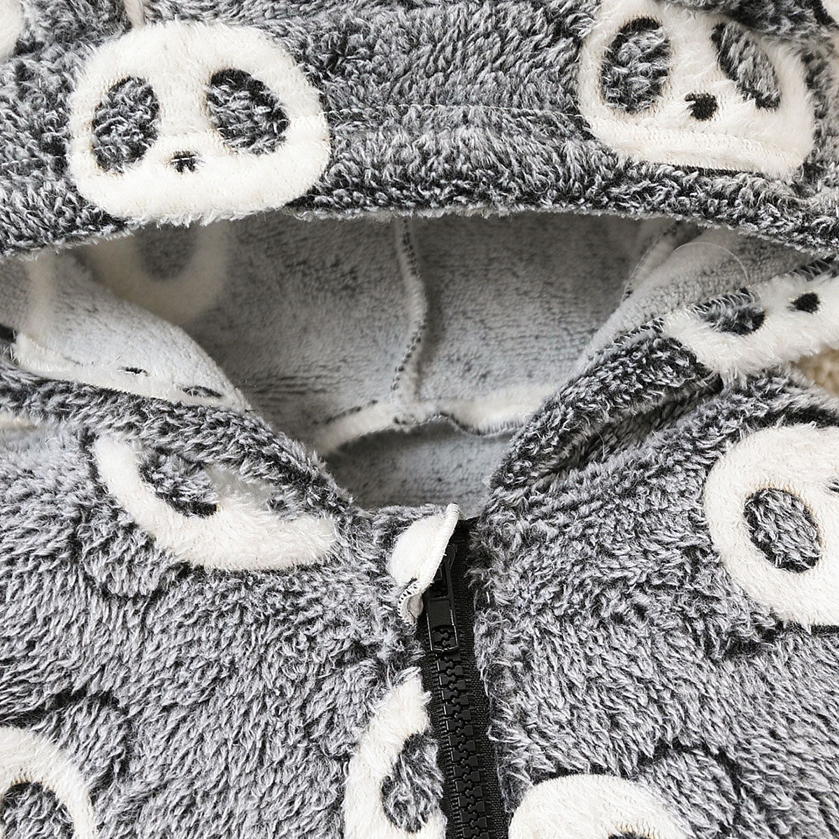 Baby boy fashion cute cartoon panda full body printing slanted zipper three-dimensional ear shape hooded long-sleeved jumpsuit long-legged crawling suit winter