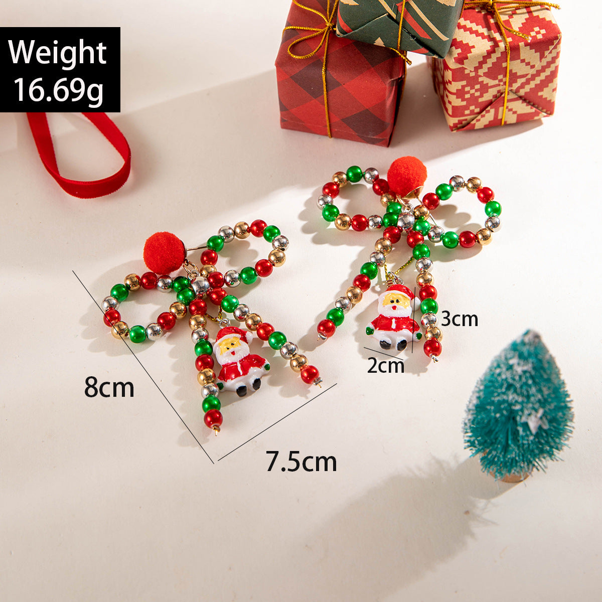 Women's Christmas colorful beaded bow hair ball earrings creative Santa Claus earrings