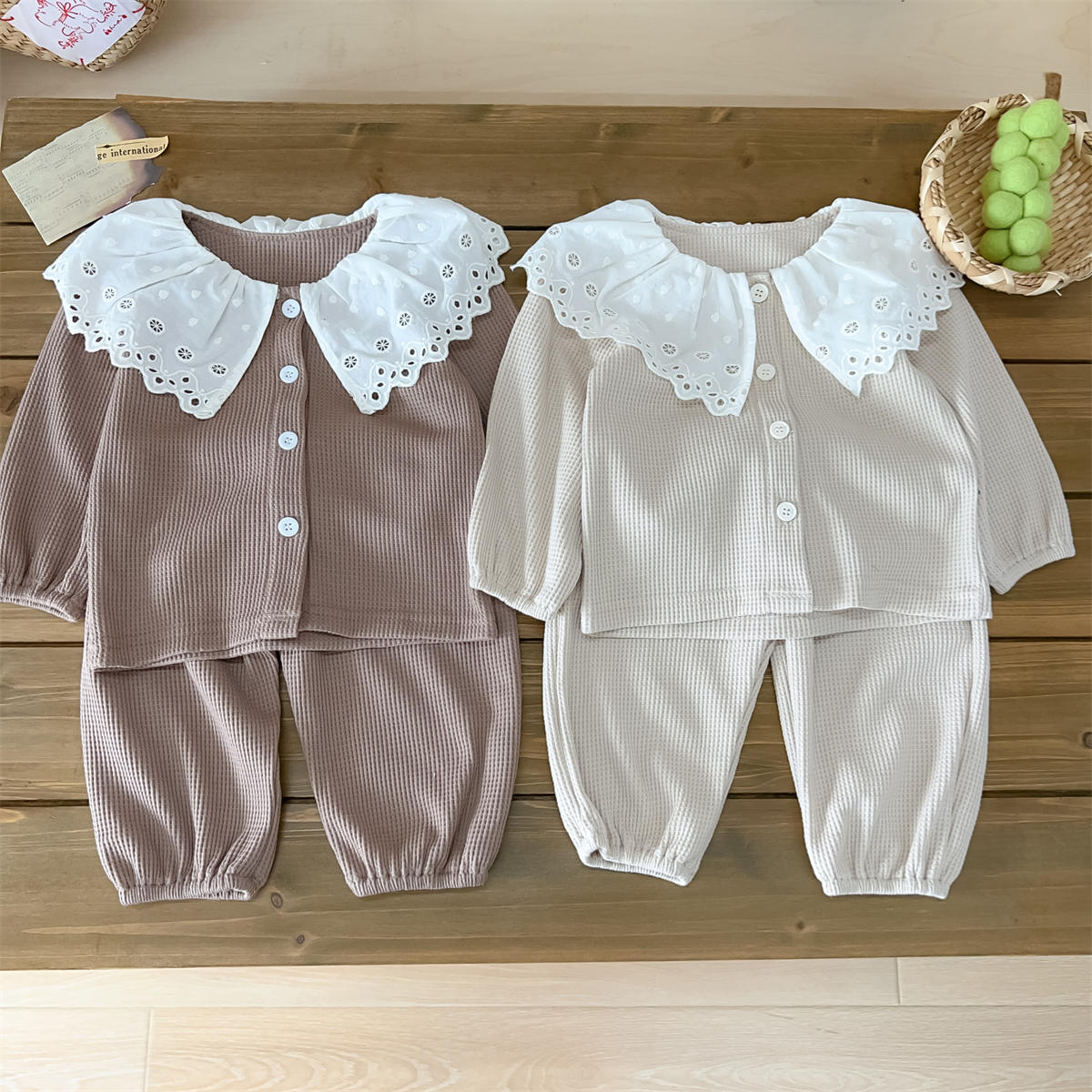 Baby Girl Lapel Long Sleeve Top + Pants Waffle Two Piece Set