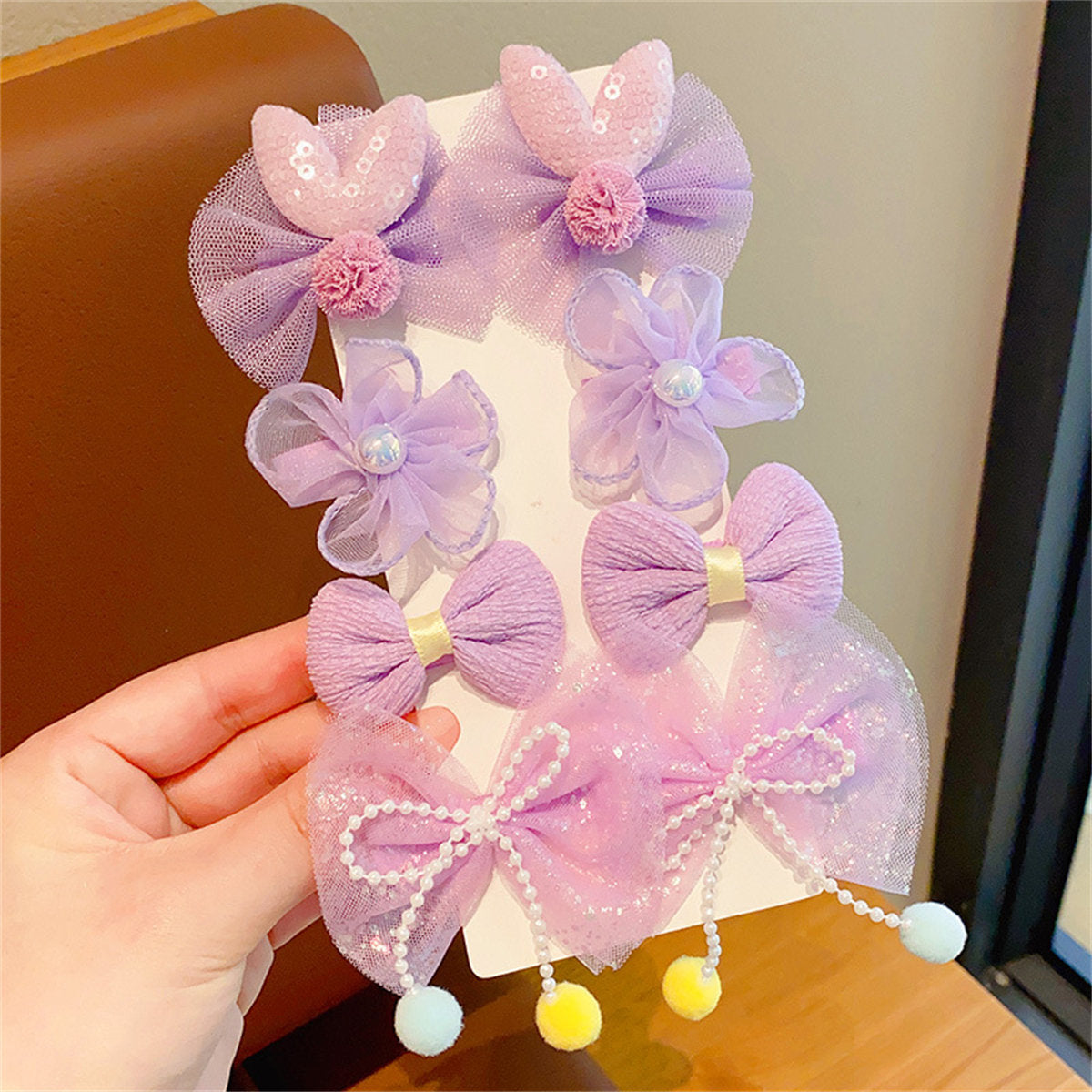 Children's 8-piece set of cute flower bow sweet style fabric hairpins that do not damage the hair