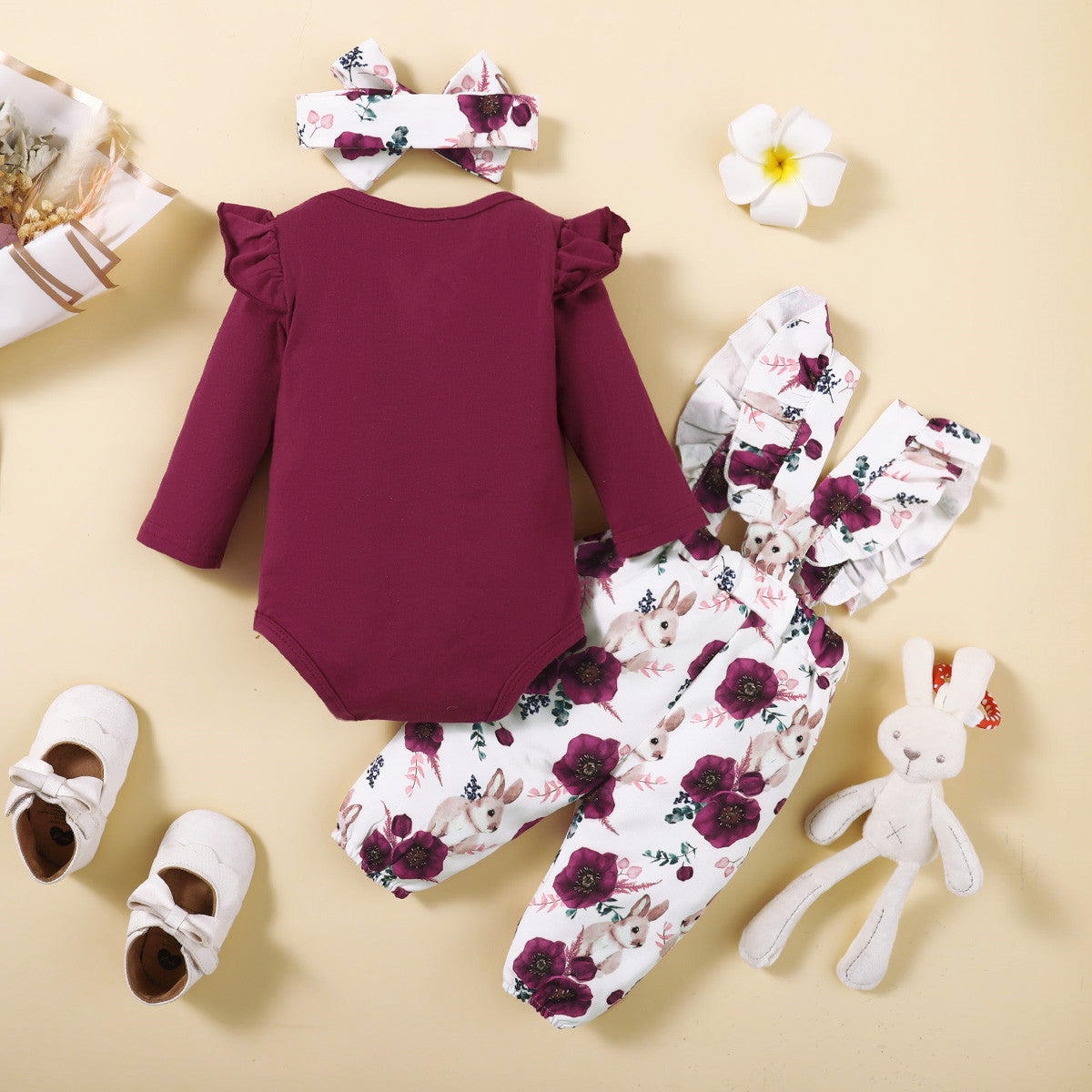 3-piece Baby Girl Solid Color Ruffled Button Front Long Fly Sleeve Romper & Ruffled Allover Floral Pattern Suspender Pants & Bowknot Headwrap