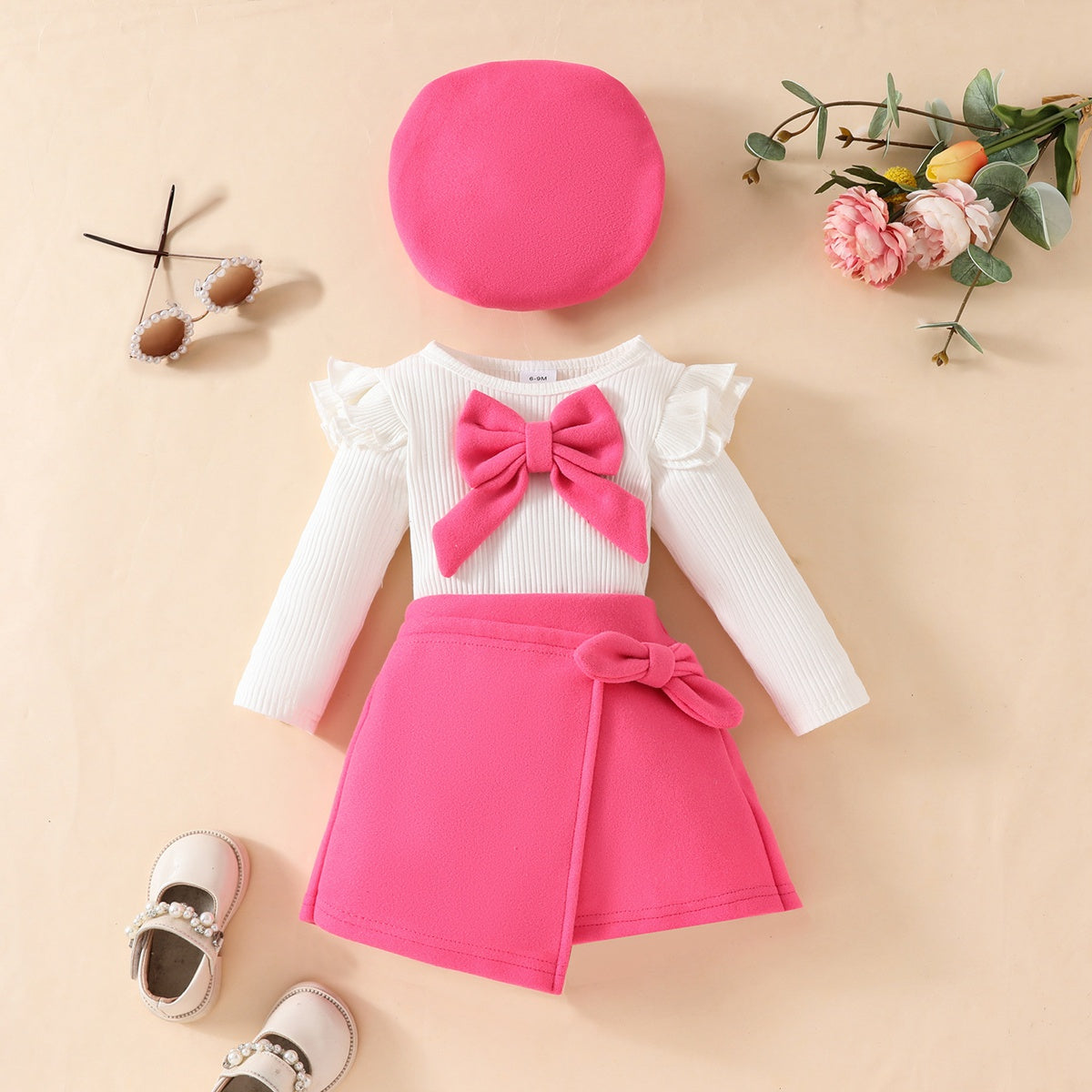 Toddler Girl Fashion Big Bow Ribbon Fabric Top + Tweed Fabric Skirt + Beret Three-piece Set