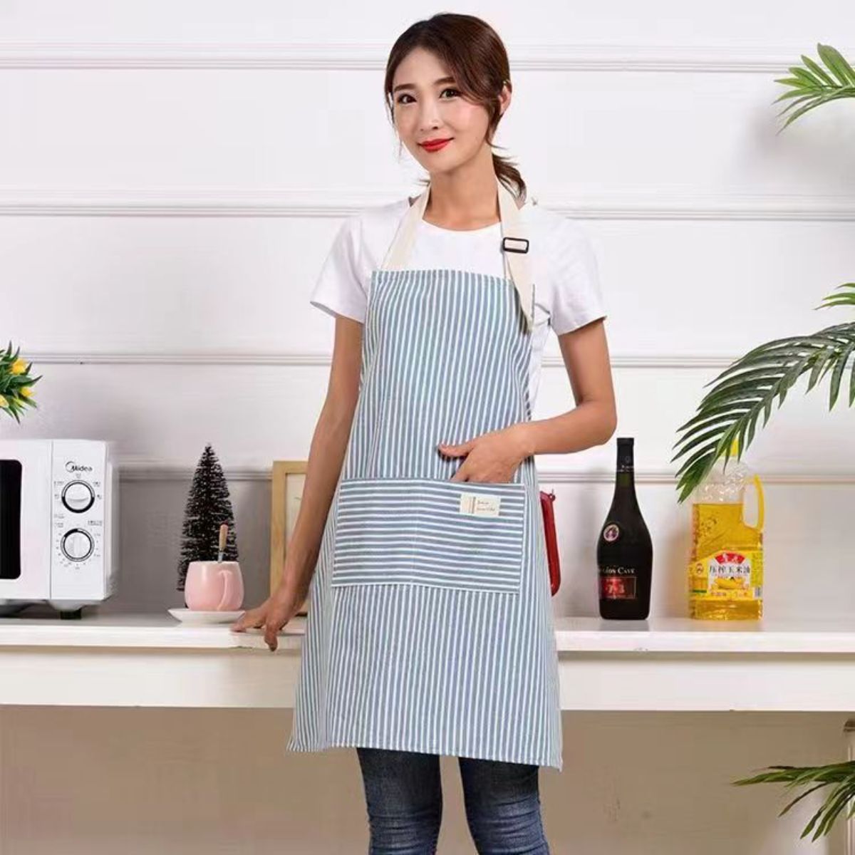 Cotton and Linen Striped Housework Breathable Kitchen Apron