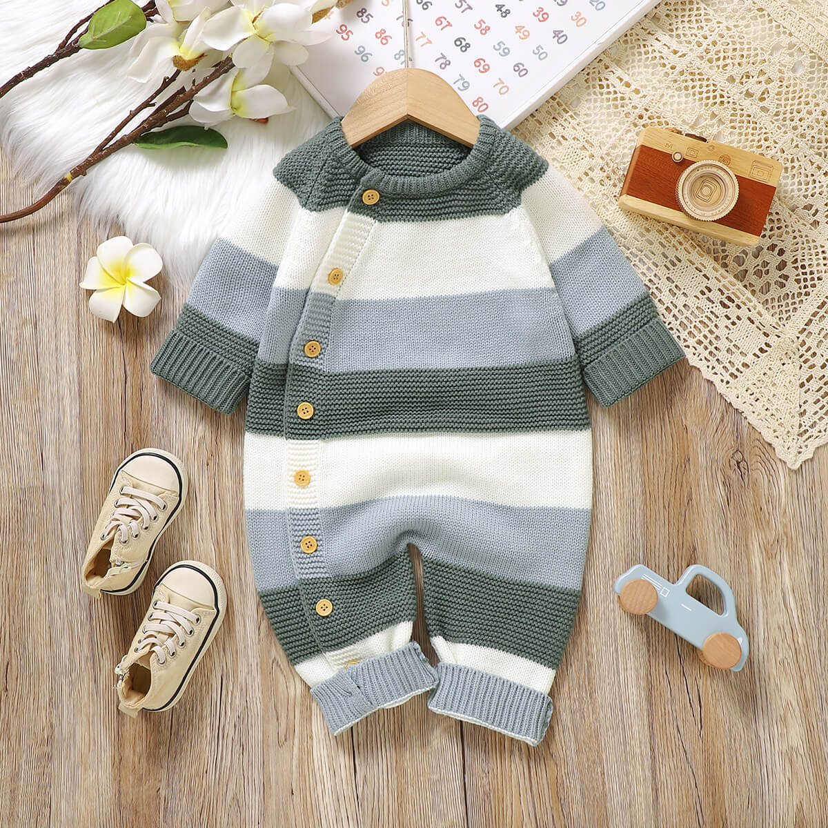 Baby patchwork one-piece knitted long-sleeved long-legged romper