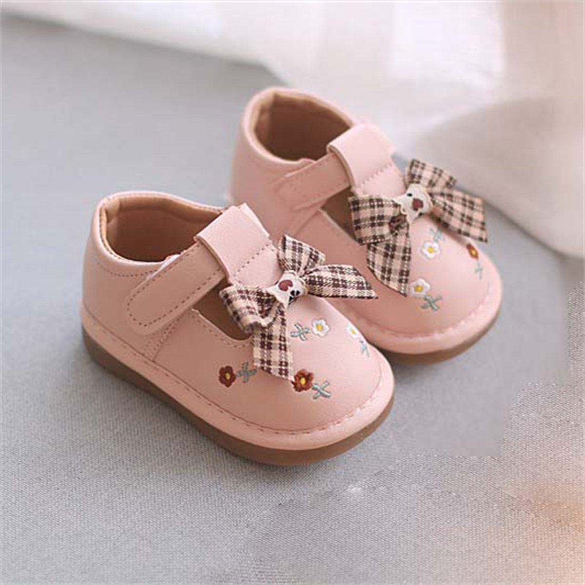 Baby Girls Cute Embroidered Bowknot Soft Sole Velcro Leather Shoes