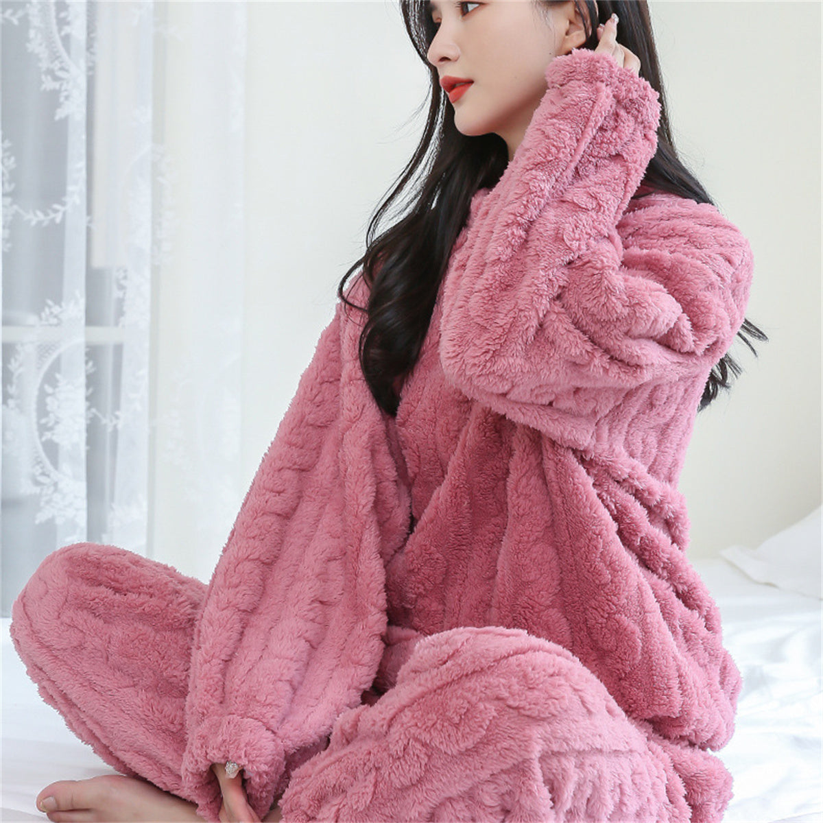 Coral fleece pajamas plus velvet thickened jacquard suit home clothes