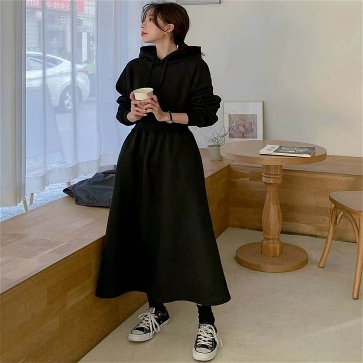 Women's hooded long-sleeved dress high waist slimming below knee length skirt