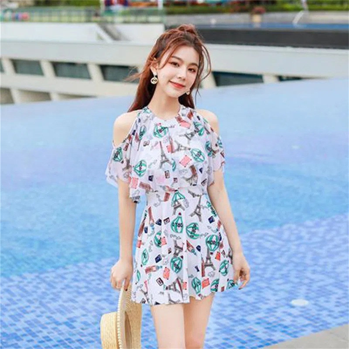 Women's floral pattern large skirt swimsuit set