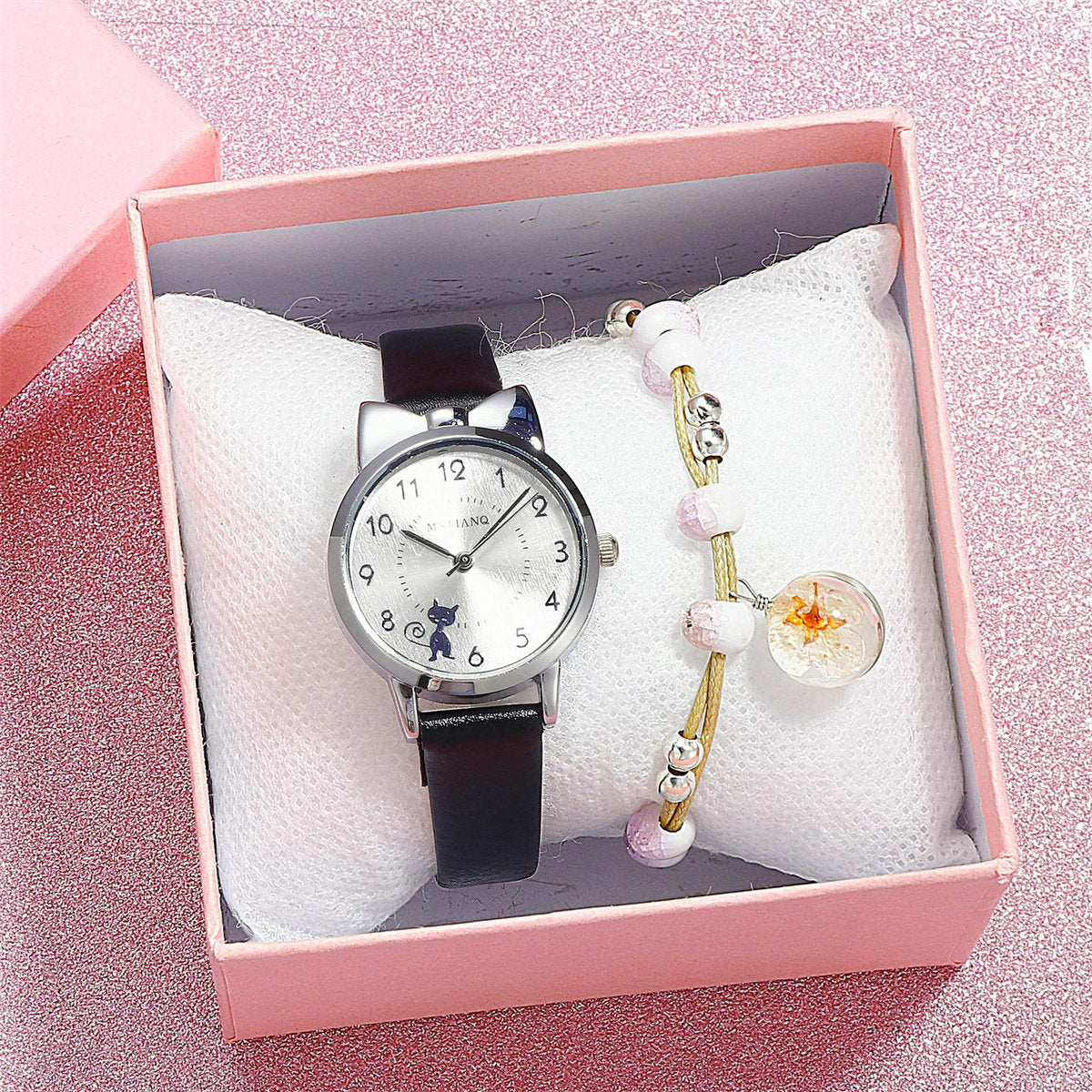 Children Girls 2-piece Set Cute Lady Style Cartoon Cat Moon Bracelet Watch