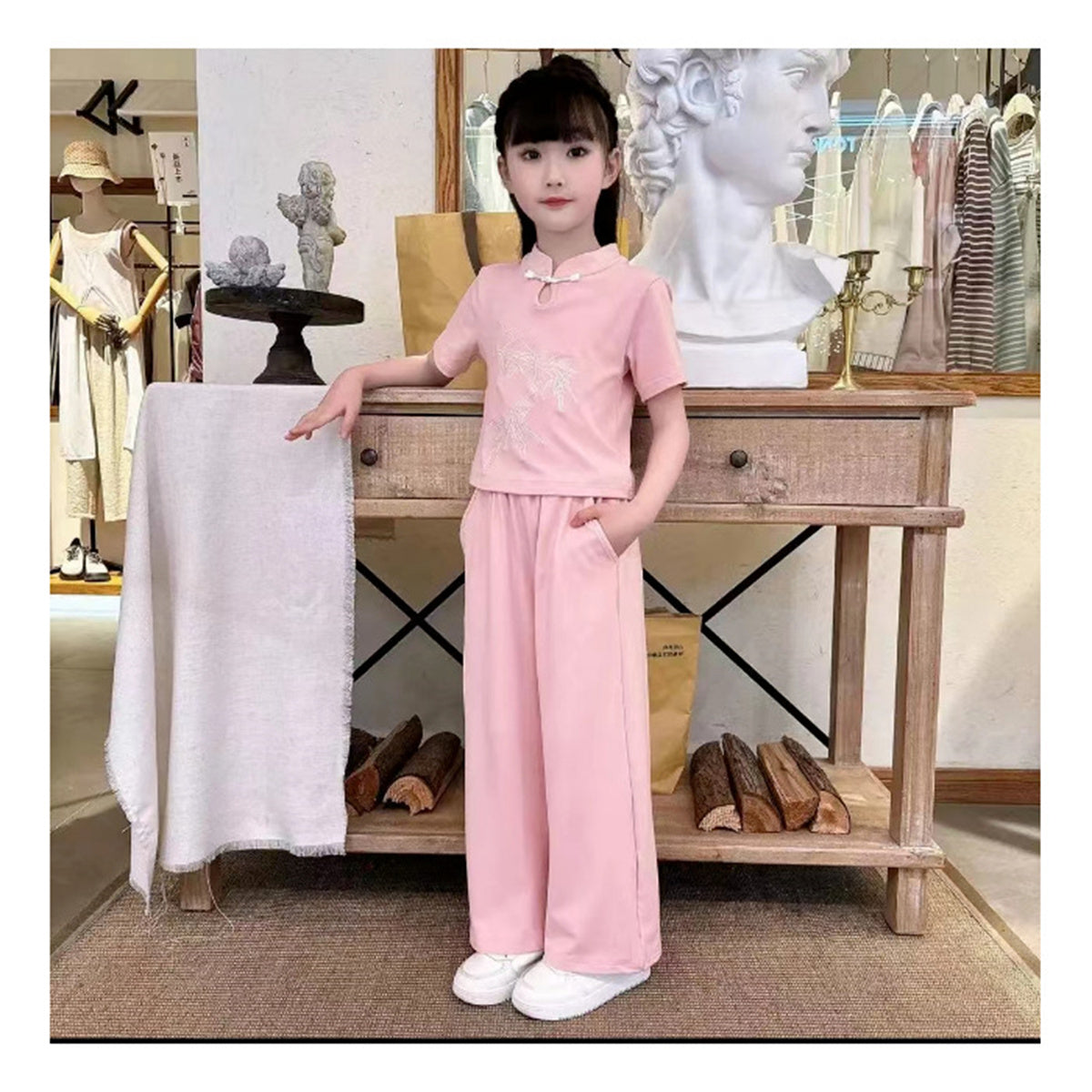 Girls solid color casual fashion temperament summer new short-sleeved trousers two-piece suit