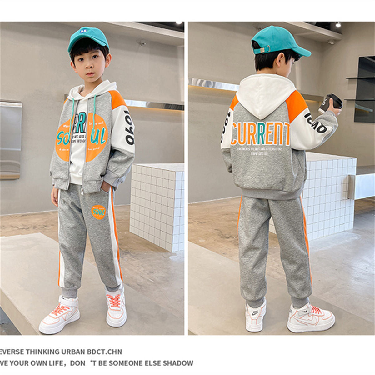 Two-piece color matching sweater suit for middle and large boys in autumn and winter