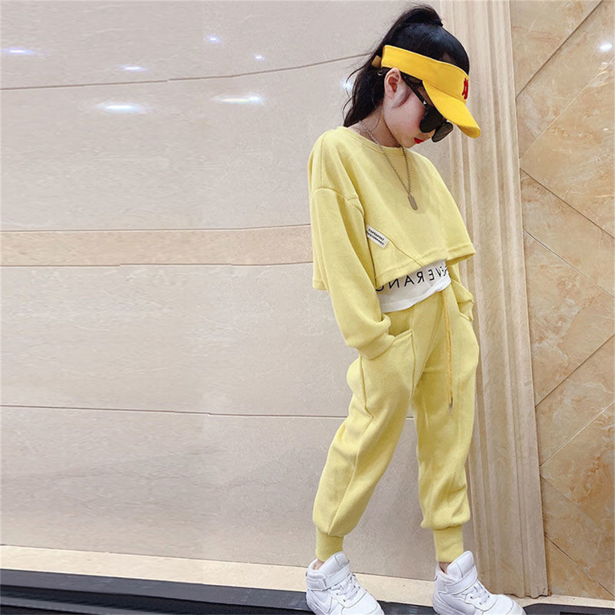 Solid color versatile casual children's clothing suit long-sleeved sweatshirt children's two-piece sportswear