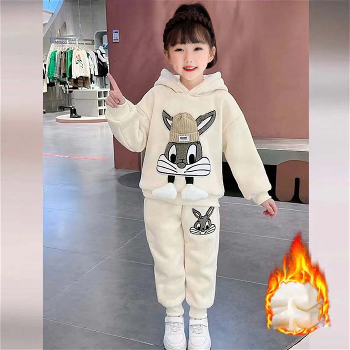 Girls autumn and winter three-piece suits plus velvet and thick sports casual style cute pattern multi-piece suit