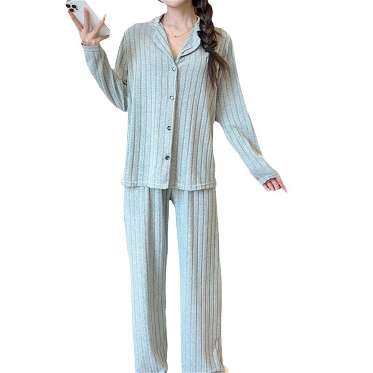 Simple Brushed Striped Women's Autumn and Winter Pajama Set