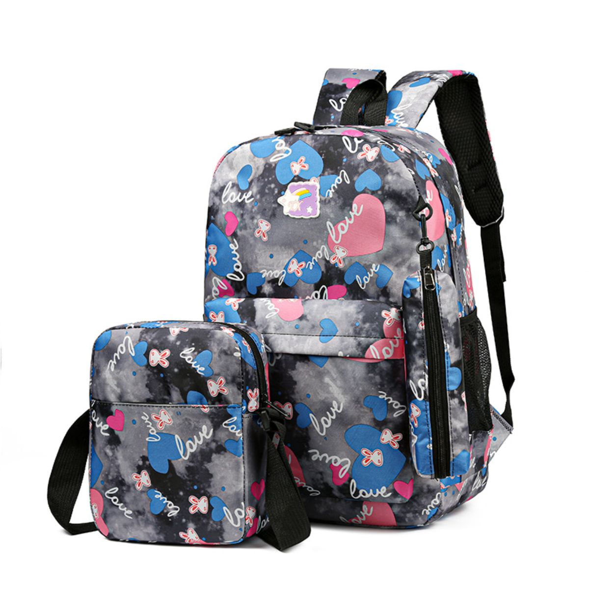 Three-piece backpack, sweet and cute leisure travel backpack, large capacity schoolbag for primary and secondary school students